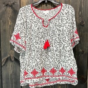 J. Jill Embroidered Tassel Blouse Size L Foilage Print Boho 100% Cotton Pleated